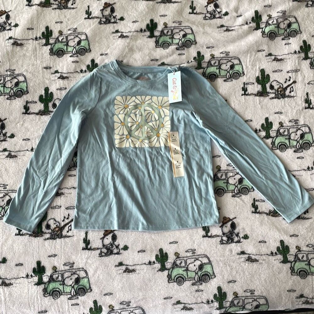Cat & jack dusty blue groovy peace 70s long sleeve girls t shirt size s (6-7)